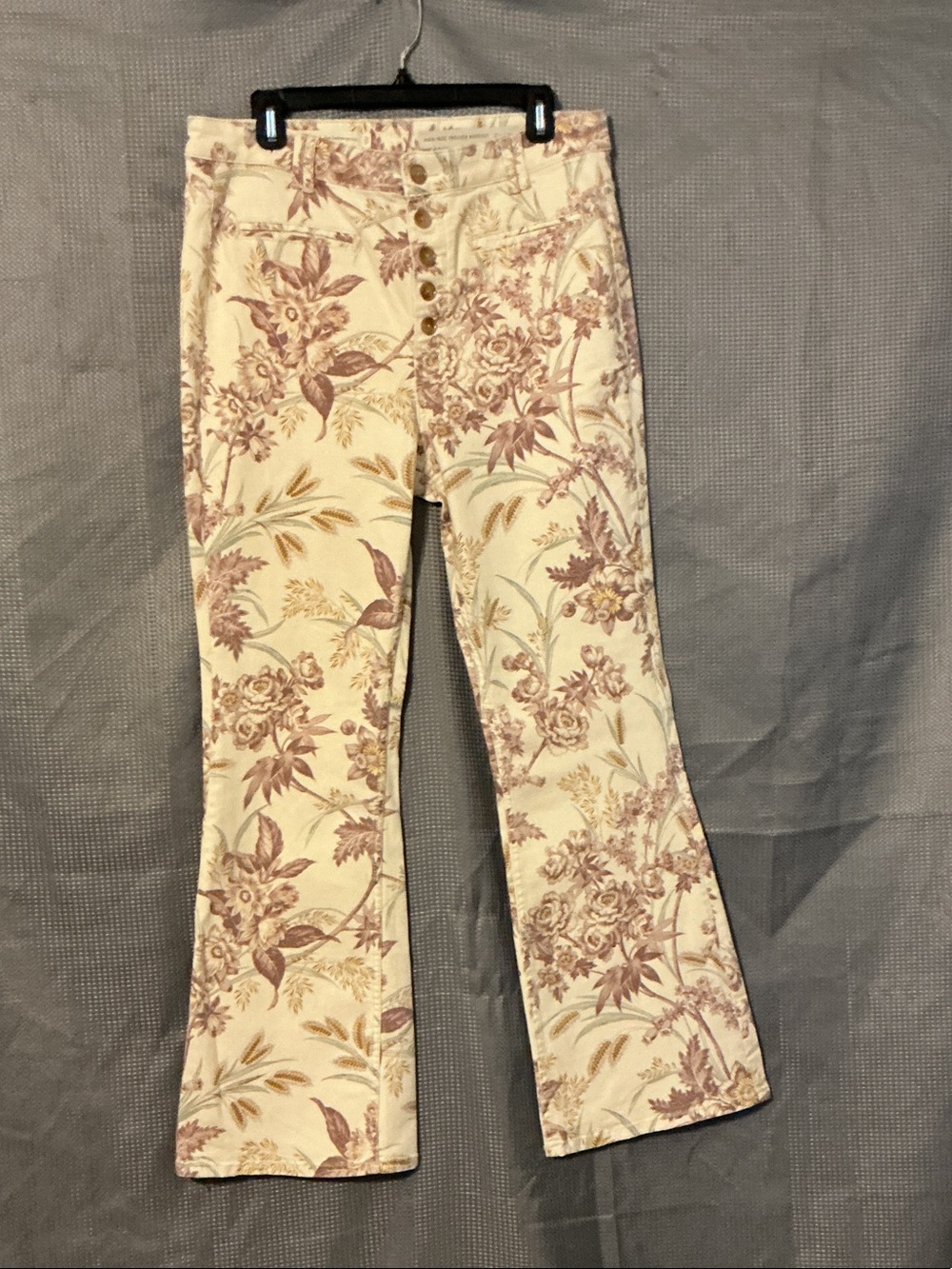 Anthropologie Cream Floral High-Rise Flare Jeans with Mauve Print